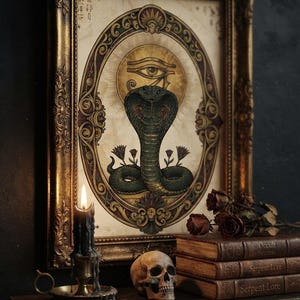 Puede incluir: Una ilustración enmarcada de una cobra verde bajo el símbolo del Ojo de Horus, en un marco dorado ornamentado. La obra presenta detalles florales oscuros y se sitúa junto a una vela negra encendida, una calavera y tres libros apilados.
