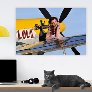 May include: A woman in a purple dress with red hair is sitting on the wing of a yellow aeroplane with the word "LOU II" on the side. The aeroplane is against a blue sky.