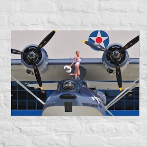 PBY Catalina Aircraft Pinup Poster - Vintage Aircraft Photo with Pin Up Girl Model Karolina | Retro Aviation Wall Decor