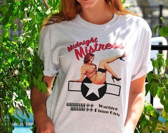 Retro Pin Up T-Shirt - Midnight Mistress Warbird Nose-Art Aviation Tee, Cool Pilot Gift Short Sleeve Shirt