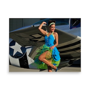P-51 Mustang Aircraft Poster with Pinup Model | WW2 Aviation Photo Art Print - Choose Your Print Size
