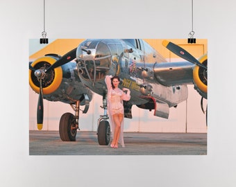 B-25 Bomber Poster with Classy 1940's Gal - Choose Poster Size: WW2 Aviation Art | Aviation Wall Art Pilot Gift
