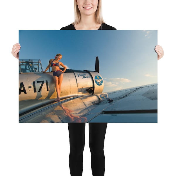 Nostalgic 1940s Aviation Poster - WWII Aircraft T-6 Texan at Sunset with Pin Up Girls | Retro Aviation Wall Art