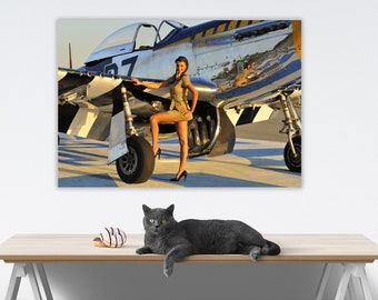 Army Girl P-51 Mustang Poster | Aviation Girl WWII Aircraft Photo Print - Sexy Army Pinup Wall Art