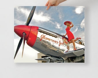 P-51 Mustang Aircraft Poster - WWII Fighter Plane P-51 Mustang Glamorous Gal with Gorgeous Pin Up Girl in Red | Pilot Art Gifts