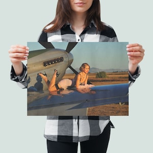 P-51 Mustang Pinup Poster - Gorgeous 40s Pinup Girl with P-51 Mustang WWII Fighter Plane | Aviation Photography Poster