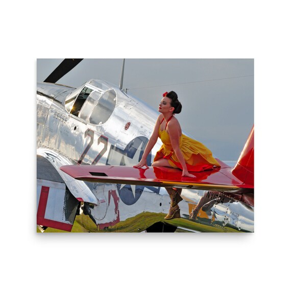 Red Tail P-51 Mustang Poster | 1940's Inspired WWII Aircraft Photo Print with Beautiful Woman | Aviation Wall Art