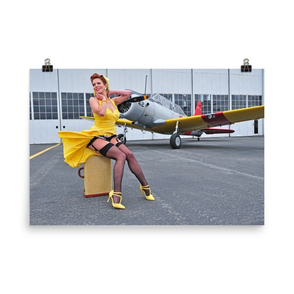 SNV-1 "Valiant" Pinup Poster - Yellow Dress Pin Up Girl Classic Aircraft Wall Art | Aviation Photography