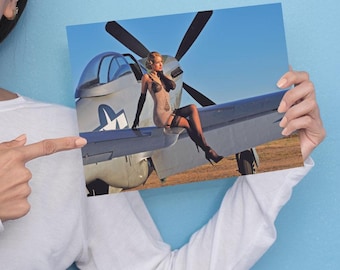 Sexy Woman P-51 Aircraft Poster - Photo Print of WW2 Fighter Plane P-51 Mustang with Beautiful Woman in 40's Lingerie | Aviation Wall Art