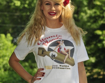 Camiseta de manga corta Atomic Blonde, inspirada en el arte de la nariz de la Segunda Guerra Mundial, regalo de aviación, camiseta retro sexy de los años 40, regalo de piloto