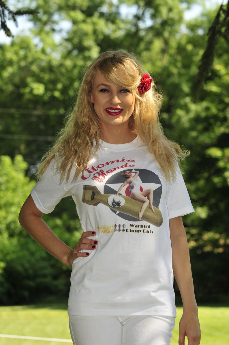 Atomic Blonde Short-Sleeve T-Shirt, WWII Nose Art Inspired Pin Up Girl Tee, Aviation Gift Sexy 1940s Retro Pinup Girl Tee, Pilot Gifts image 1