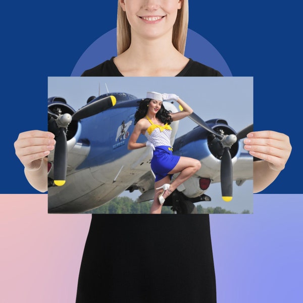 Sailor Girl Pinup with PV-2 Harpoon Aircraft | WW2 Aircraft Photo Print | Warbird Poster