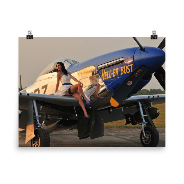 P-51 Mustang Photo Poster - Aviation Photo of P-51 WWII Fighter Plane with Glamorous Woman | Pilot Gift Wall Art