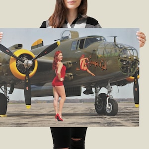 Redhead Bombshell Retro Aviation Poster - B-25 Mitchell WW2 Bomber with 1940&#39;s Pin Up Girl in Red Bathing Suite | Pilot Gift