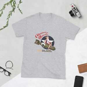 Atomic Blonde Short-Sleeve T-Shirt, WWII Nose Art Inspired Pin Up Girl Tee, Aviation Gift Sexy 1940s Retro Pinup Girl Tee, Pilot Gifts image 3
