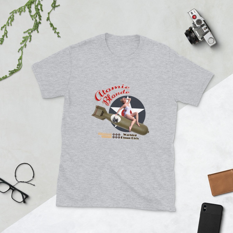 Atomic Blonde Short-Sleeve T-Shirt, WWII Nose Art Inspired Pin Up Girl Tee, Aviation Gift Sexy 1940s Retro Pinup Girl Tee, Pilot Gifts image 3
