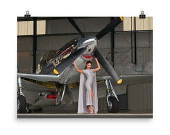 Chrome P-51 Mustang Fashion Poster - WW2 Fighter Aircraft Photo with Beautiful Model | WWII Wall Art