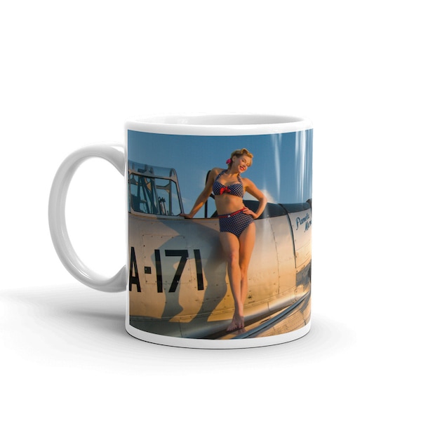 1940s Aviation Pin Up Photo Mug - Classic Mug with WW2 T-6 Aircraft and Beautiful Woman in 40s Fashion | Aviation Pilot Gift