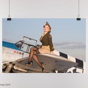 P-51 Mustang Aviation Pin Up Poster - WWII Aircraft Photographic Matte Print Poster with Military Woman | Pilot Gifts