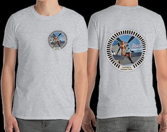 Two Sided Tight Formation Short-Sleeve T-Shirt - Aviation Pin Up Girl Tee with P-51 Mustang Fighter Plane | Plus Size Clothing