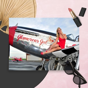 Beautiful Blonde P-51 Mustang Poster | Warbird Pinup Girls Red Dress Beauty WWII Fighter Plane Photo Print