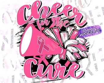 Op de afbeelding: Roze en zwart grafisch ontwerp met een megafoon, een roze lint en een cheerleading pompon. De tekst luidt "Cheer for the Cure".
