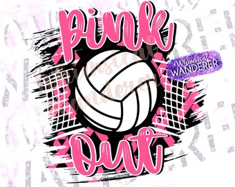 May include: Pink Out volleyball graphic with a volleyball and a black and pink checkered background. The text "Pink Out" is in pink with a black outline.