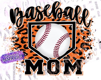 Puede incluir: Gráfico de Baseball Mom con una pelota de béisbol en un plato de home, fondo de estampado de leopardo naranja y negro, y pintura salpicada blanca.