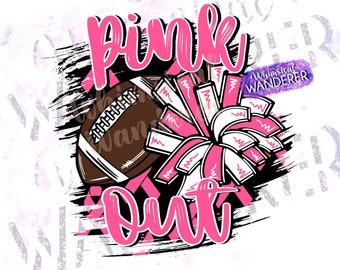 May include: Pink and white cheerleading pom pom and a brown football with the word "Pink Out" in pink letters on a black and white checkered background.