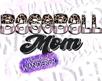 Puede incluir: Gráfico de Baseball Mom con un diseño de estampado de leopardo y costuras de béisbol. El texto está en fuente de brillo negro. El gráfico está sobre un fondo blanco con un diseño de acuarela púrpura y blanco en la esquina inferior.