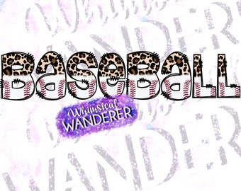 Puede incluir: Arte de palabras de béisbol con un diseño de estampado de leopardo y costuras de béisbol. La palabra "Béisbol" está en letras blancas con costuras rojas y un fondo de estampado de leopardo.