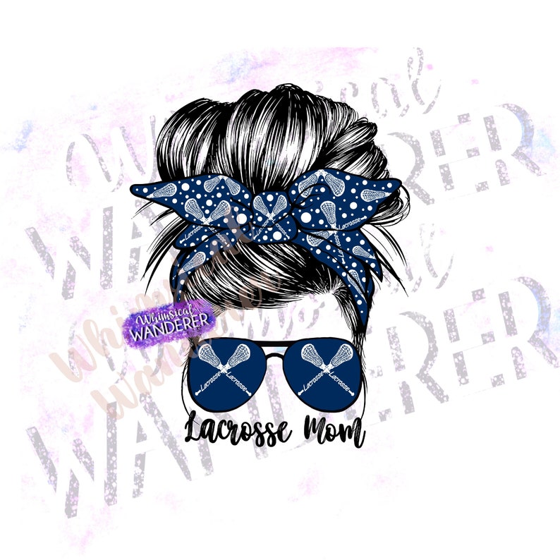 May include: A black and white illustration of a woman with a messy bun wearing a blue and white bandana with lacrosse sticks and a pair of sunglasses with lacrosse sticks on the lenses. The text "Lacrosse Mom" is below the sunglasses.