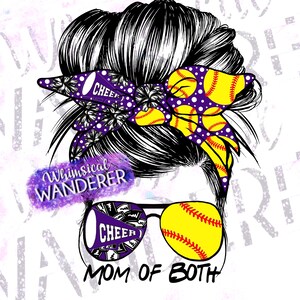 Mom of Both Messy Bun | Cheer Softball Sublimation | Softball Cheer Sublimation | Purple Cheer Mom Purple Softball Mom | Mom Cheer Purple