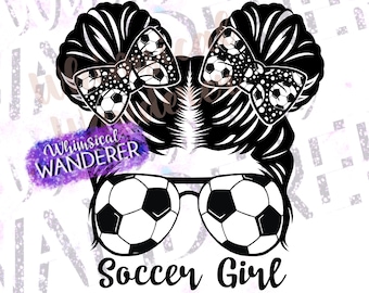 May include: Black and white illustration of a girl with soccer ball bows and sunglasses. The text "Soccer Girl" is below the image.