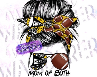 Mom of Both Messy Bun | Football Messy Bun PNG | Cheer Messy Bun PNG | Football Cheer Sublimation | Cheer Football Sublimation Yellow / Gold