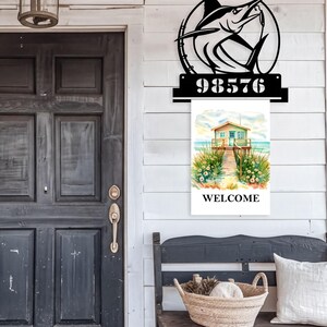 Fish & Flag Address Sign – Metal Porch Decor, Outdoor Display