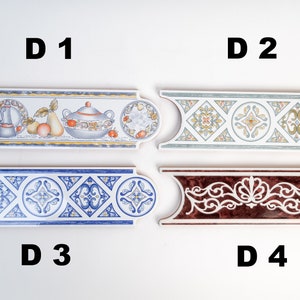 May include: Four different tile border designs. The first design features a yellow, orange, and green fruit and kitchenware pattern. The second design features a blue, green, and yellow geometric pattern. The third design features a blue and white geometric pattern. The fourth design features a red and white floral pattern.