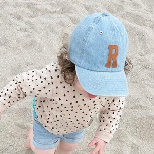 Custom toddler kids baby hat, initial hat, kid birthday gift, leather patch hat, toddler gift, kid baseball hat, personalized kid gift image 1