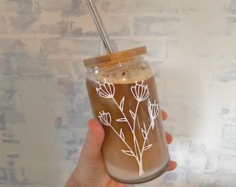 Beer Can Glass, Wildflower Beer Can Glass, Iced Coffee Glass, Iced Coffee Cup, Personalized cup, Custom Glass, Birthday Gift for mom sister