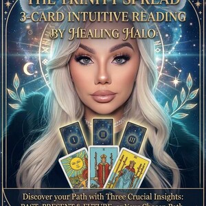 Może przedstawiać: Obraz reklamujący usługę czytania kart tarota. Tekst brzmi: "THE TRINITY SPREAD 3-CARD INTUITIVE READING BY HEALING HALO." Obraz przedstawia kobietę z blond włosami i kartami tarota. Karty są oznaczone I, II i III. Dolny tekst brzmi: "Odkryj swoją ścieżkę dzięki trzem kluczowym wglądom: PRZESZŁOŚĆ, TERAŹNIEJSZOŚĆ I PRZYSZŁOŚĆ."