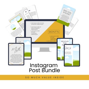 May include: A digital marketing bundle for Instagram featuring a computer screen with a yellow and black design, a phone screen with a green and blue landscape, and a phone screen with a white and green landscape. The text on the computer screen says "Don't's" and the text on the phone screen says "Myth". The text on the other phone screen says "Behind the Scene". The text on the image says "Instagram Post Bundle" and "So Much Value Inside".