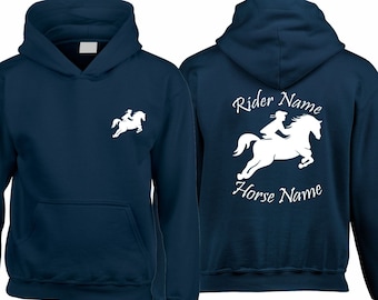 Felpa con cappuccio personalizzata per cavaliere, saltando, equitazione, pony, regalo di compleanno per adulti, bambini, donne, fantino, equitazione, equino, unisex, regalo