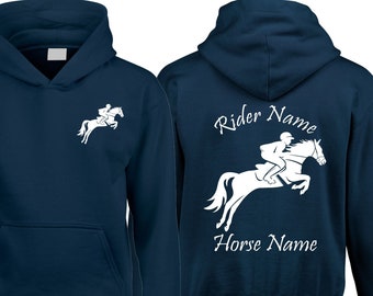 Sweat à capuche cheval personnalisé | Cadeau d'anniversaire de saut d'obstacles de cavalier équestre d'école d'équitation | Sweat-shirt à capuche pour cadeau de Noël Equine Cob Royaume-Uni