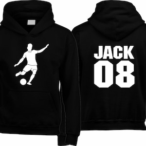 May include: Black hooded sweatshirt with a white silhouette of a soccer player kicking a ball on the front and the text "JACK 08" on the back.