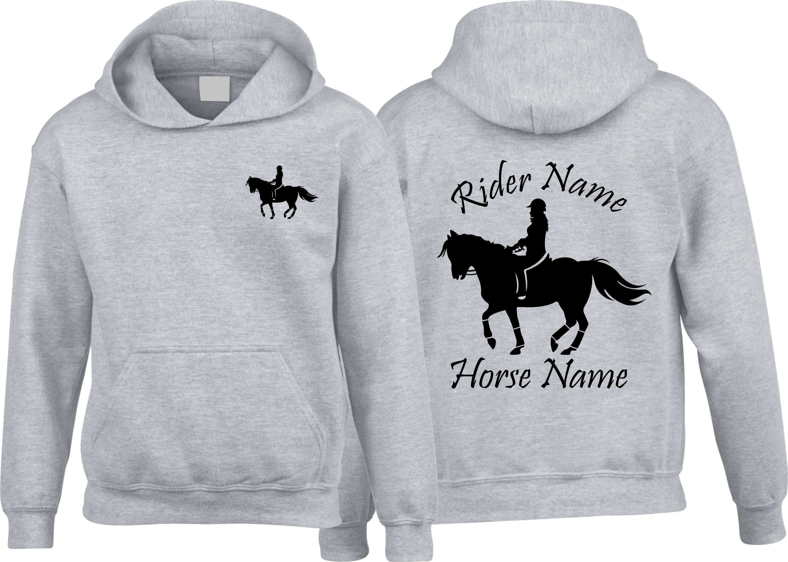 Personalised Names Horse Hoodie, Unisex Horse Hoody Jumping Design Hoodie, Jockey Rider Jumper, Equine Xmas Present Top, Birthday Gift for Adults/Kids