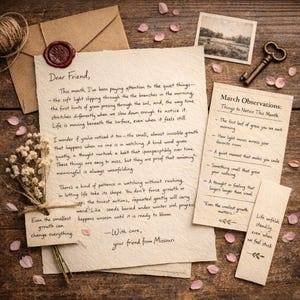 May include: A rustic still life featuring handwritten letters, a wax seal, a vintage key, and dried flowers. The main letter is addressed "Dear Friend" and includes the text "Even the smallest growth can change everything."