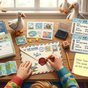 May include: An illustration of a child's desk with an Air Goose International Airport theme. The scene includes stamps, an ink pad, a flight log, and a letter being sealed. Two goose plush toys are in the background.