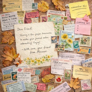 May include: A collection of vintage ephemera, including tickets, stamps, and handwritten notes, arranged on a wooden surface. The text "Dear Friend" and "Sharing a few paper treasures" is visible. Autumn leaves and floral accents add a decorative touch.