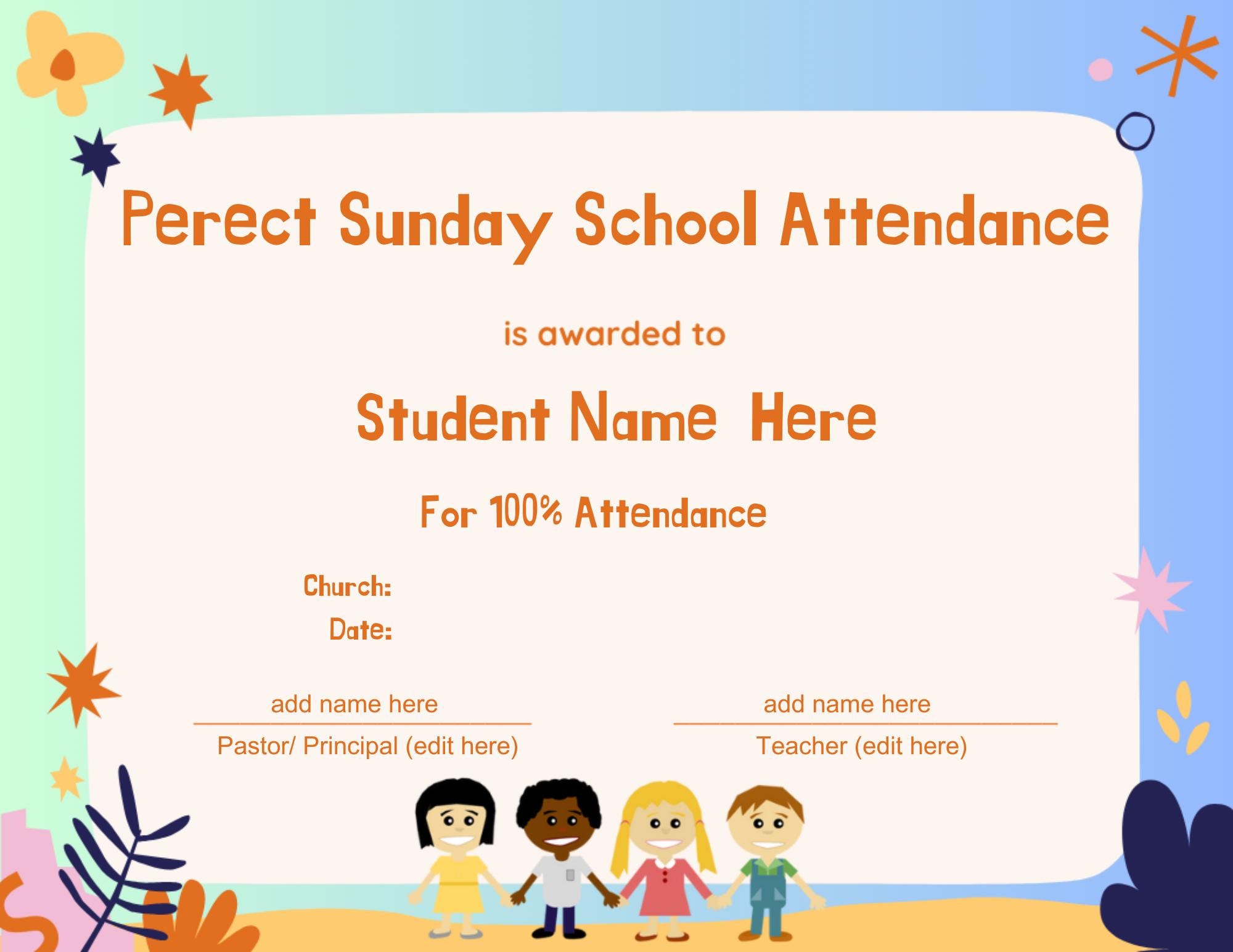 Editable Sunday School Attendance Certificate, Editable Church ...