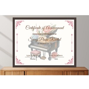 Editable Floral Piano Recital Certificates, Music Certificates Editable, Piano Student Gift